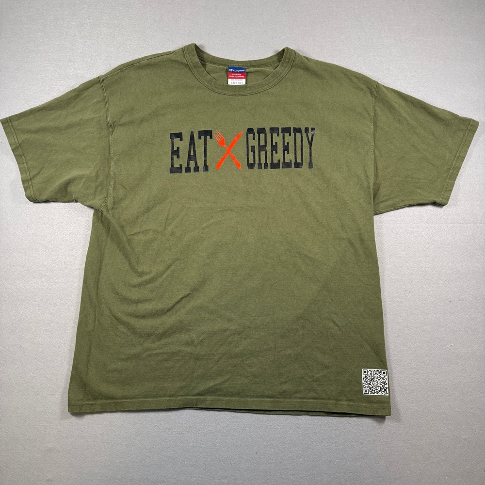 Champion Eat Greedy Graphic T-Shirt Mens XL Olive Green Tee Streetwear Athletic